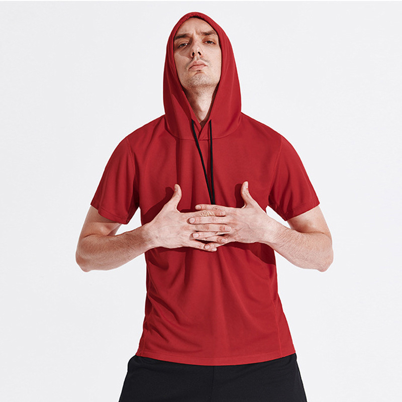 Vêtements de fitness à manches courtes en vrac pour hommes, vêtements de fitness à capuche, vêtements à séchage rapide, pull de sport d'entraînement de basket-ball respirant
