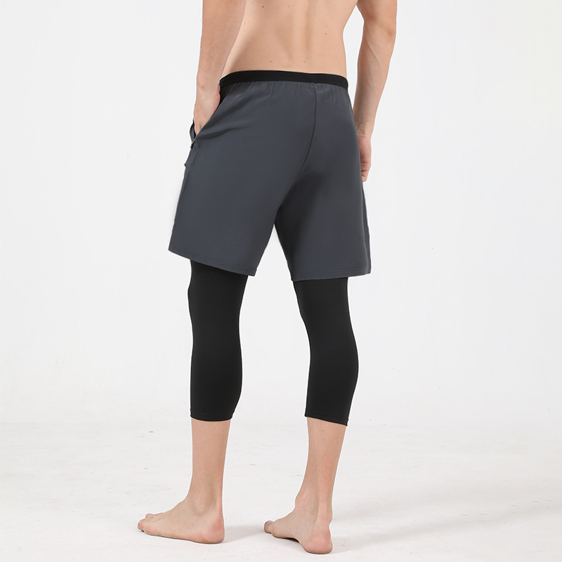 Pantalons de sport double couche Faux pantalons deux pièces pour hommes Running Pocket Pantalons de fitness Collants de basket-ball deux-en-un à séchage rapide